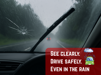Cracked windshield in rain
