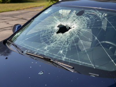 Vandalized car windshield with starburst pattern damage in Toronto