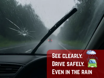 Cracked windshield in rain