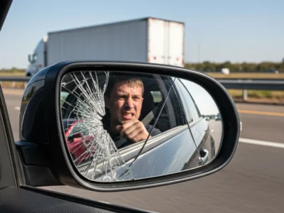 Damaged car side mirror showing cracked glass and obstructed view